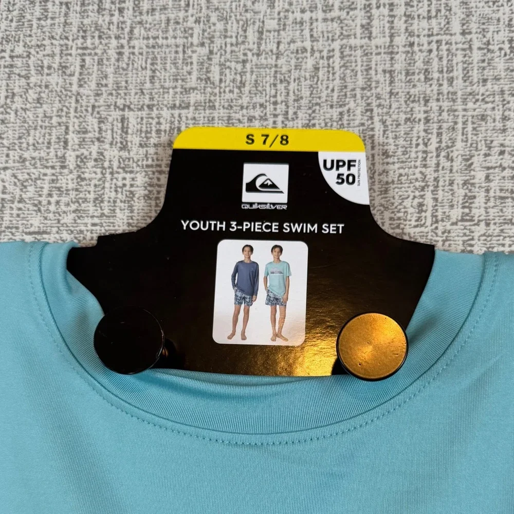 NWT Quiksilver Boys 3-Piece Swim Set‎ Rash Guards & Trunk Shorts UPF 50 Sz 7/8